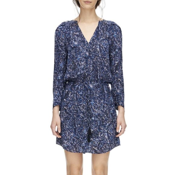 Rebecca Taylor - Block Print, Long Sleeve, Floral Mini Dress - Size 0, Blue - Picture 1 of 17